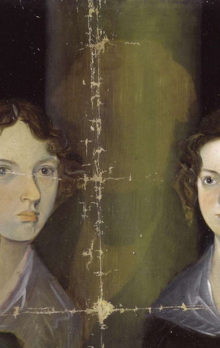 A close detail of the pale pillar between Emily and Charlotte, with the shadowed outline of Branwell Brontë's painted-over figure visible beneath it.