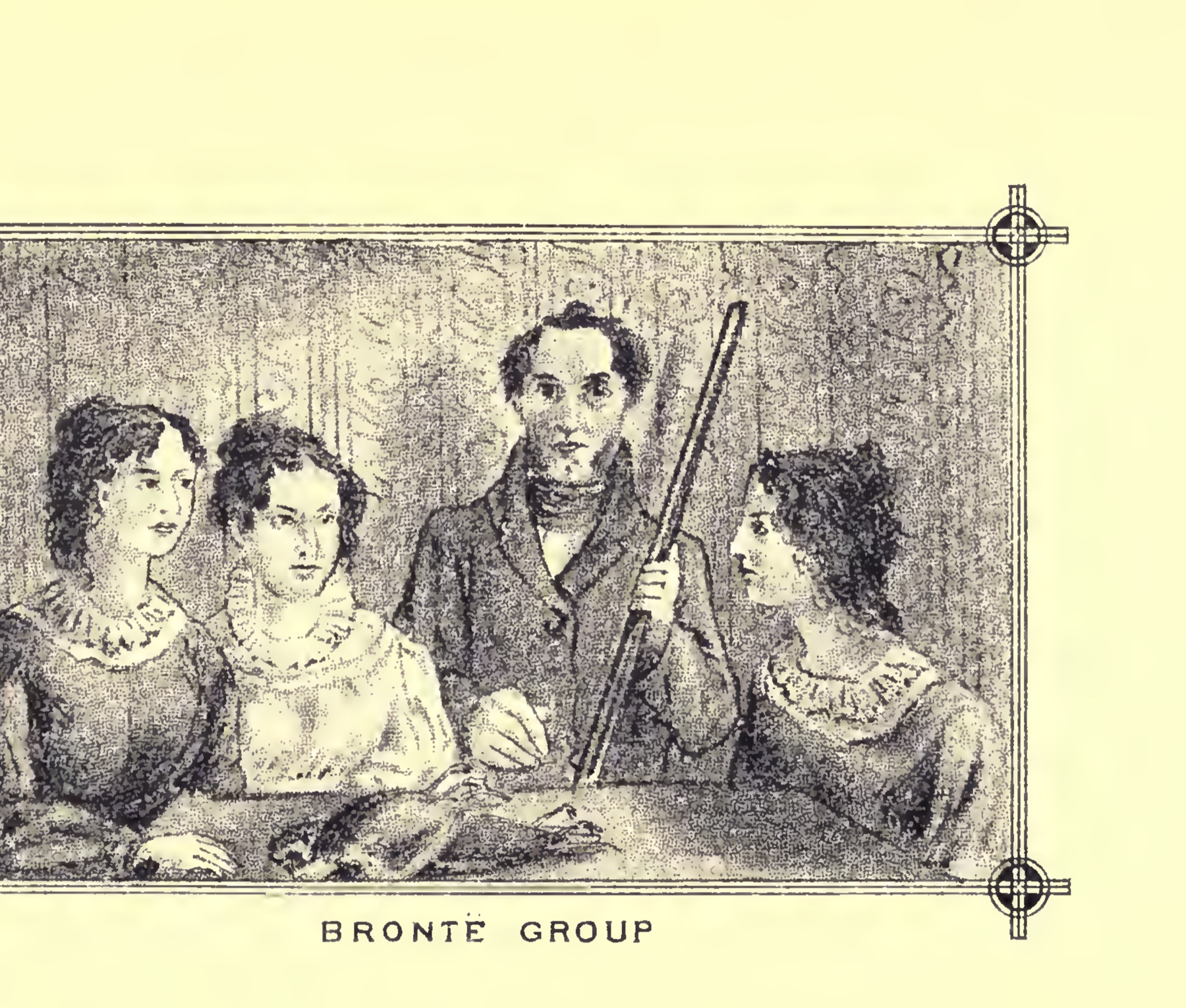 A nineteenth-century engraving of the lost Gun Group, showing four Brontë siblings around a table with Branwell holding a gun.