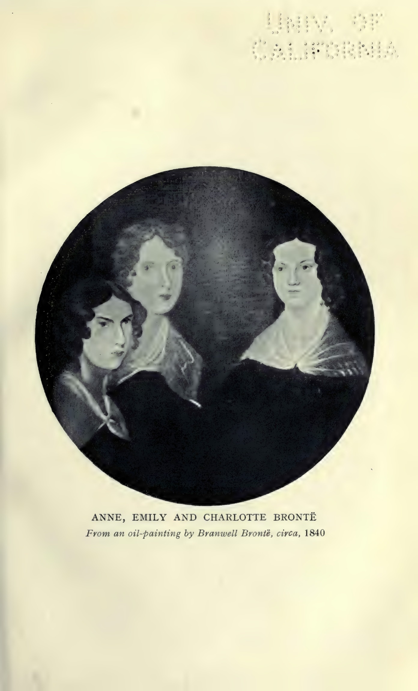 The circular early photographic reproduction of the Pillar Portrait as printed in 1914, showing Anne, Emily, and Charlotte in monochrome.