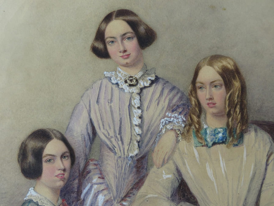 A group watercolour of three women, claimed as Charlotte, Emily, and Anne Brontë and attributed to Edwin Landseer.