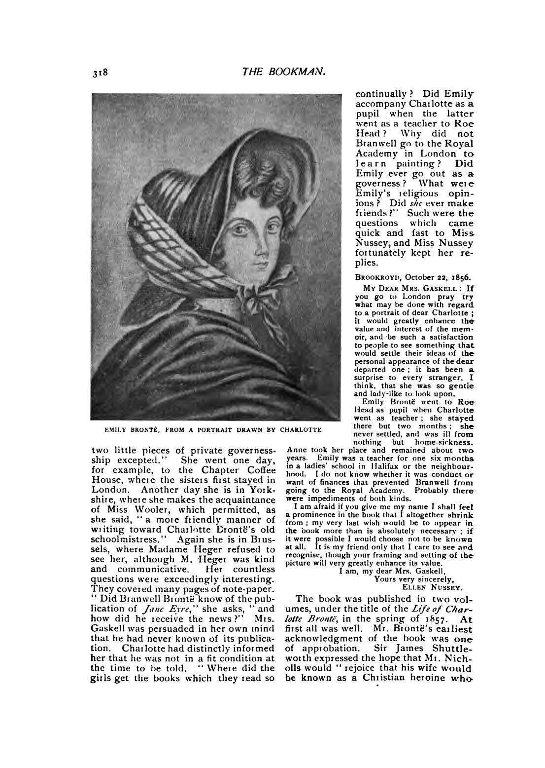 A complete page from the 1896 American Bookman reproducing a portrait of a bonneted woman under the caption Emily Brontë, from a portrait drawn by Charlotte.