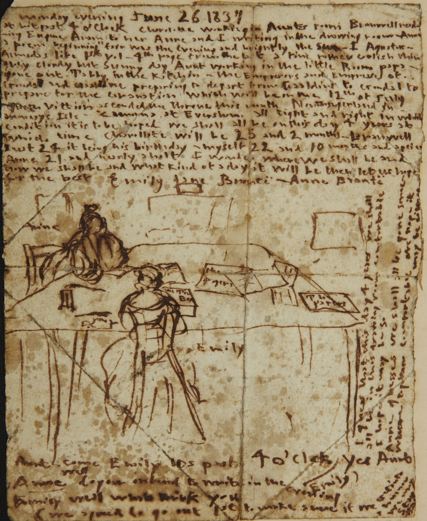 Emily Brontë’s 1837 diary paper, densely written around a drawing of Emily and Anne at the dining-room table.