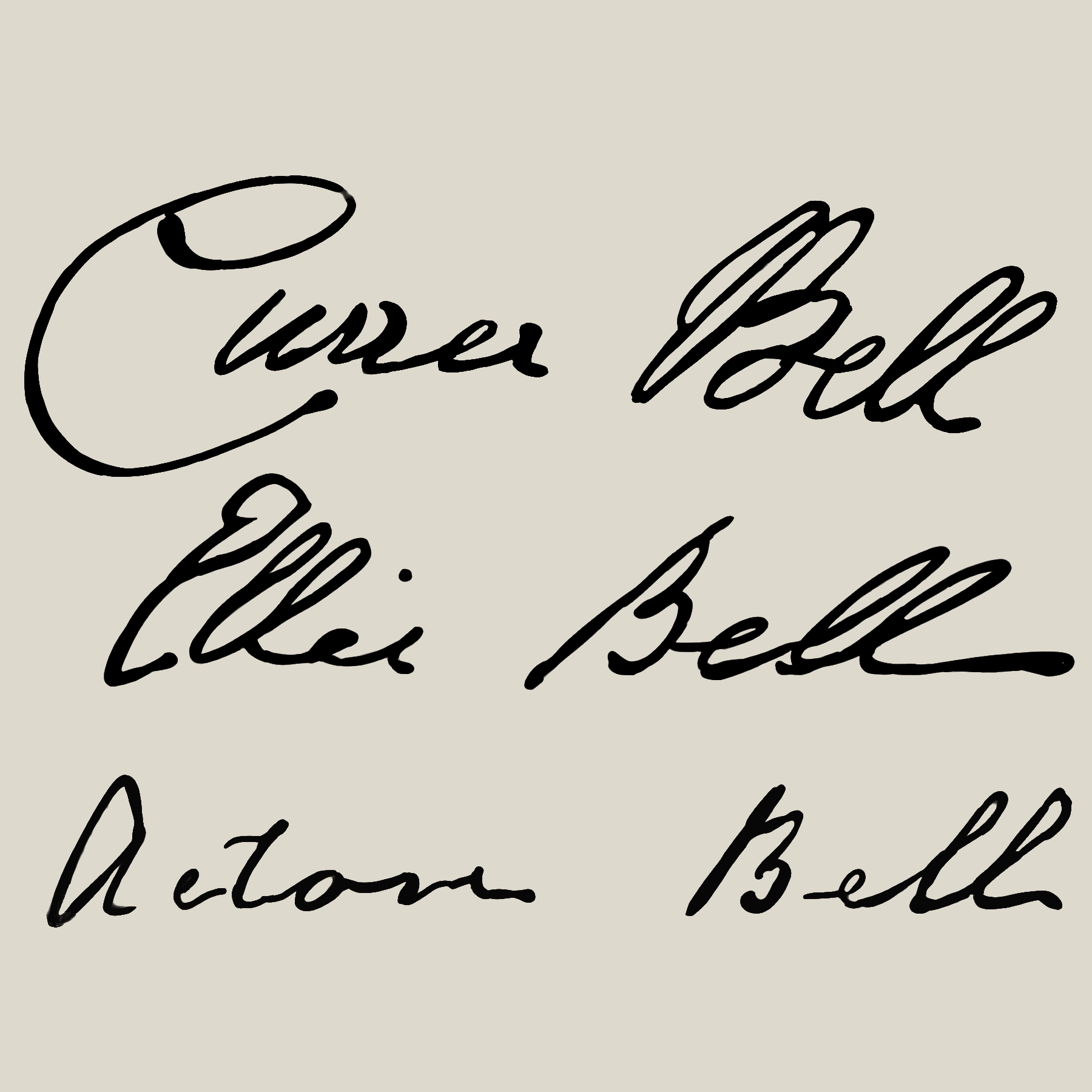 The signatures Currer Bell, Ellis Bell, and Acton Bell arranged in three rows, with Emily Brontë’s Ellis Bell signature in the middle.