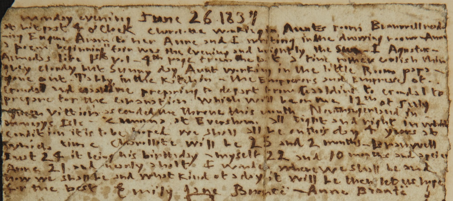 A detail of Emily Brontë’s dense handwriting across the upper portion of the 26 June 1837 diary paper.