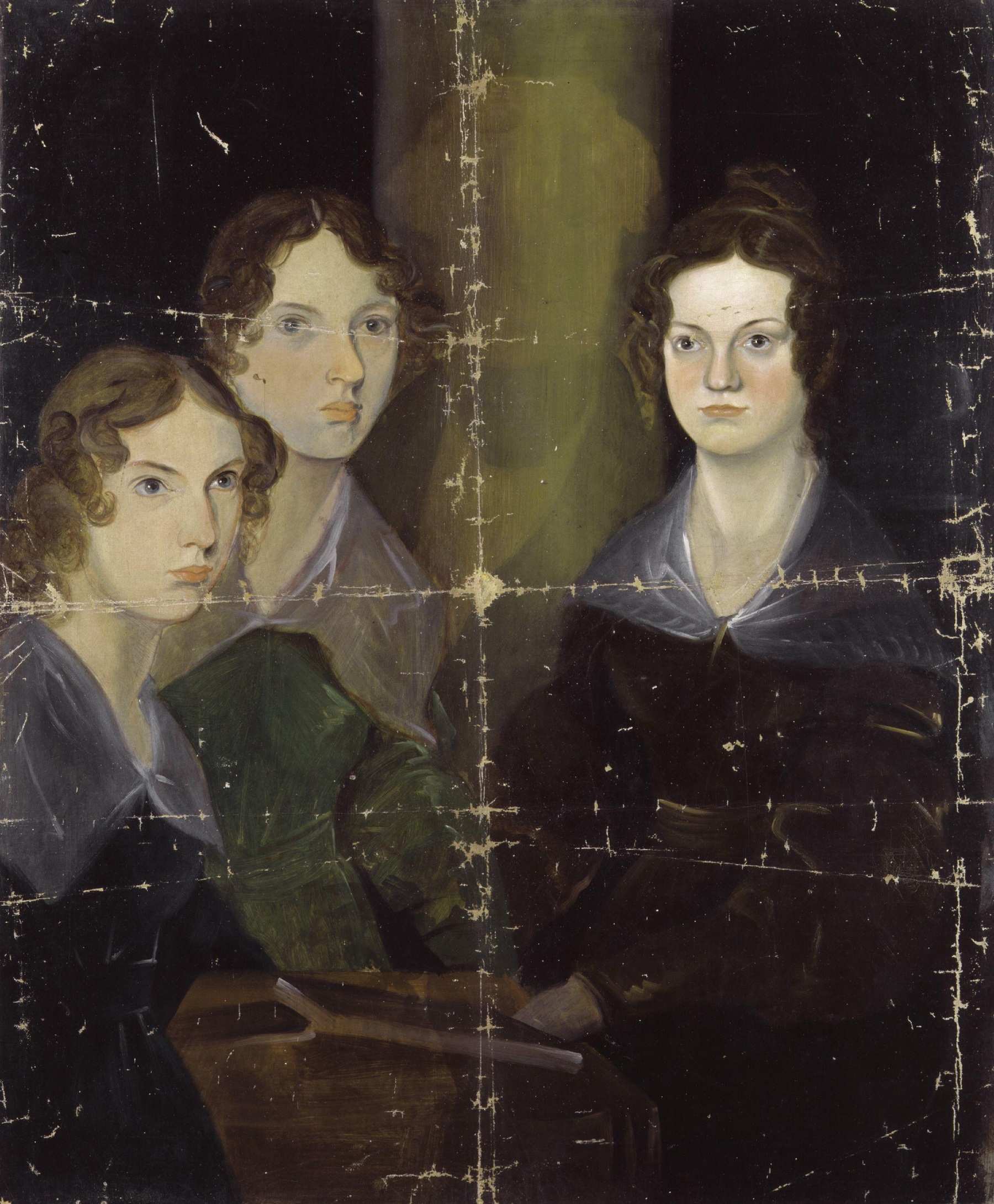 The present damaged Pillar Portrait in colour, with Anne at left, Emily at centre, and Charlotte at right.