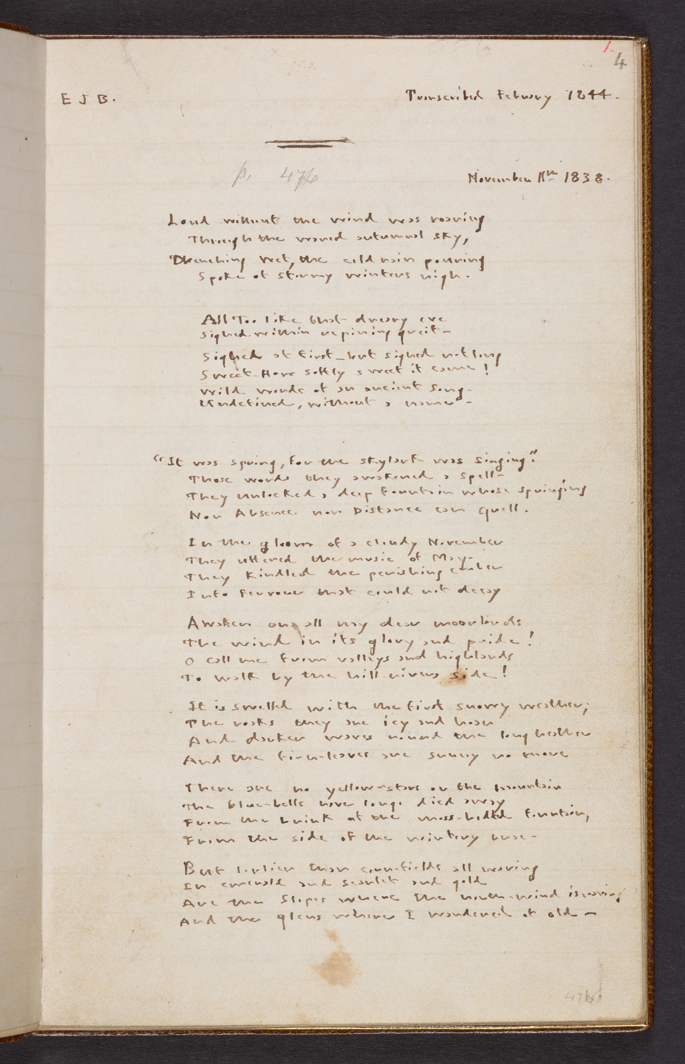 The opening page of Emily Brontë’s fair-copy poetry notebook, with EJB at upper left, Transcribed February 1844 at upper right, and the poem beginning Loud without the wind was roaring below.