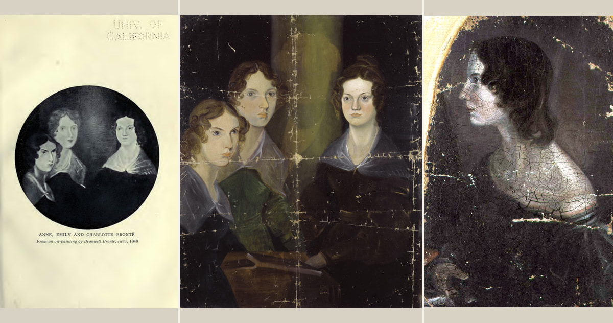 The complete 1914 printed plate of Anne, Emily, and Charlotte Brontë, the complete present Pillar Portrait, and the complete disputed Profile fragment.